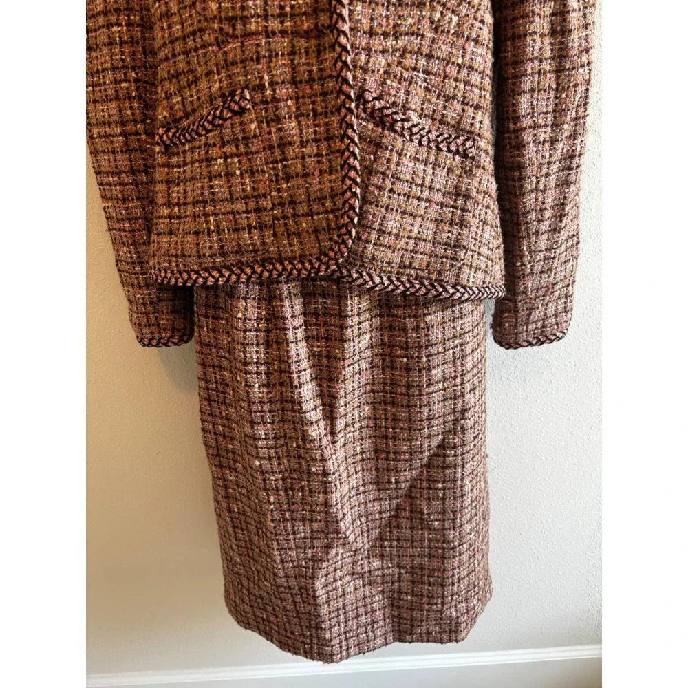 Bigio Collection Skirt Suit 10 Brown Pink Tweed Braided‎ Trim Professional Set